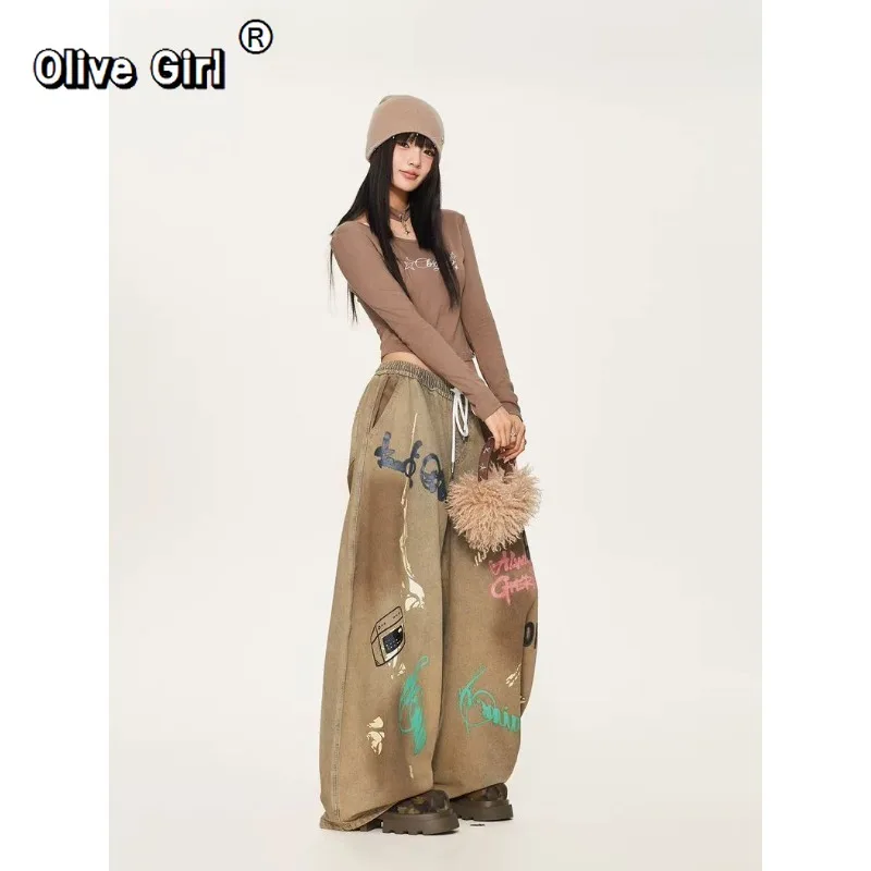 Фото Джинсы Olivegirl в стиле хип-хоп, американские брюки для уличных танцев в стиле ретро, винтажные брюки с граффити, модные повседневные брюки для джазовых девушек №4