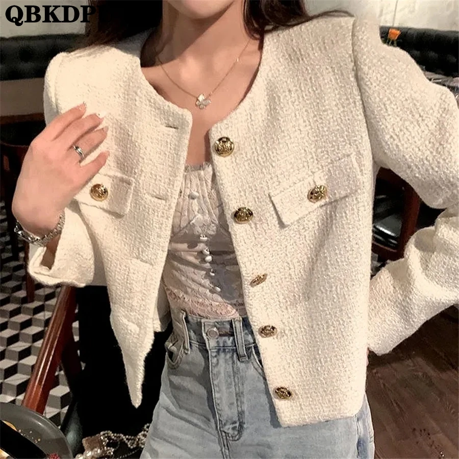 

Классические укороченные твидовые куртки, Элегантные корейские короткие пальто, Весенняя женская верхняя одежда, однобортные Chaquetas Vintage Ceketler