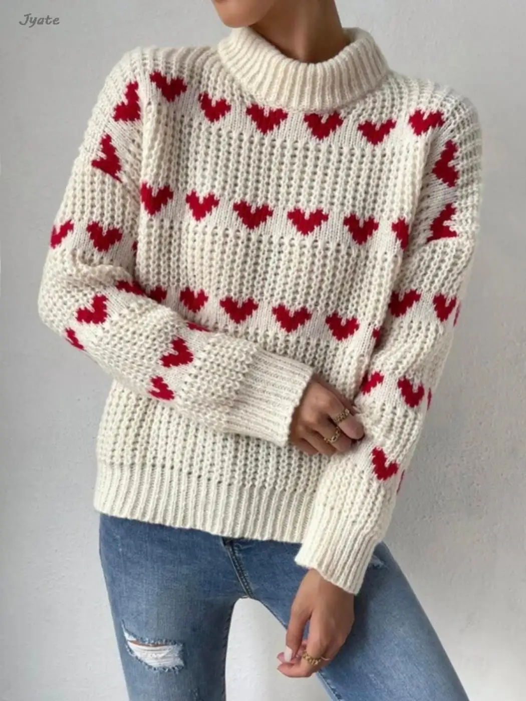 

Heart Jacquard Women Sweater Fall Fashion Casual Round Neck Woman Kniwear Pullovers Elastic Autumn Winter Female Tops 2023 New