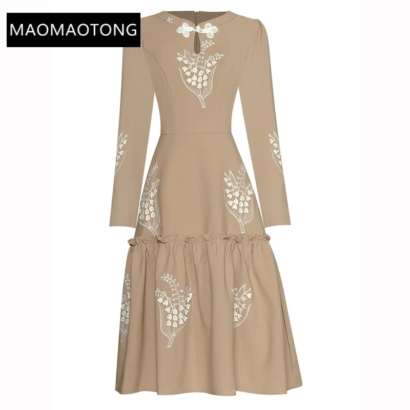 

Женские платья 2022, элегантное высококачественное Роскошное дизайнерское осеннее черное платье с круглым вырезом и длинным рукавом, платье с цветочной вышивкой и оборками