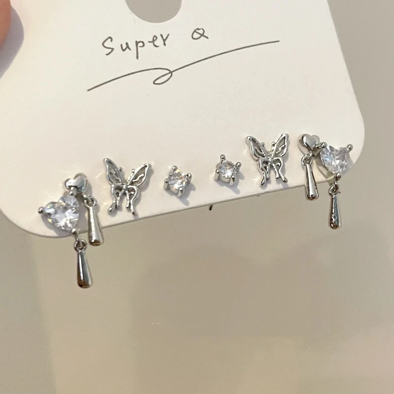 

6PCS Kpop Goth Vintage Aesthetic Heart Liquid Metal Butterfly Stud Earrings Set For Women Egirl Y2K Grunge Jewelry Accessories