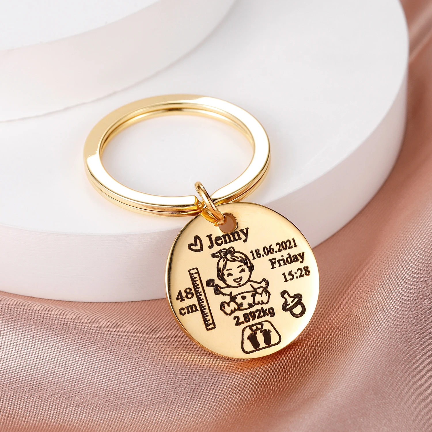 

Stainless Steel Name Birth Weight Height For Newborn Commemorate Mom Dad Keyring Lovely Personalized Baby Boys Girls Keychain