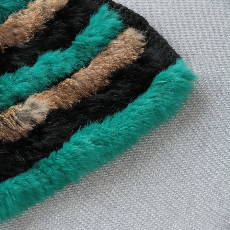 Slightly Elastic Color Matching Striped Rex Rabbit Fur Jacket Wool Hand-Woven Fur Coat Mid-Length Round Neck Leather Fur Coats