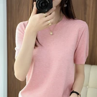 womens summer new round neck fashion all match trend comfortable knitted wool half sleeve office holiday t shirt wholesale