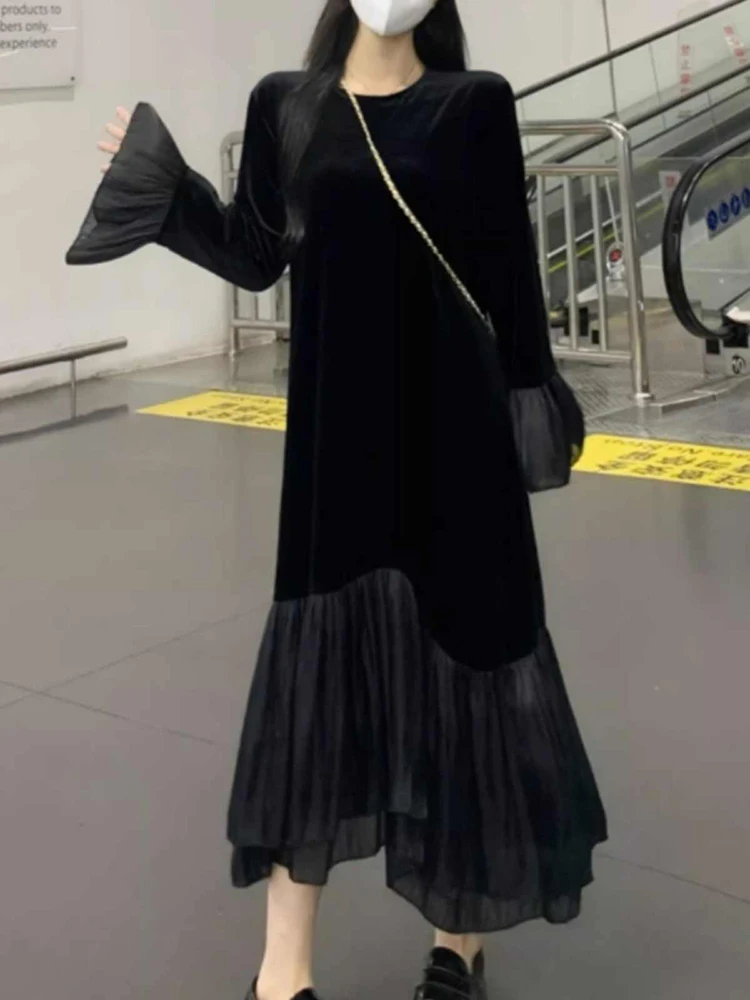 Женское бархатное платье-годе с длинным рукавом и круглым вырезом