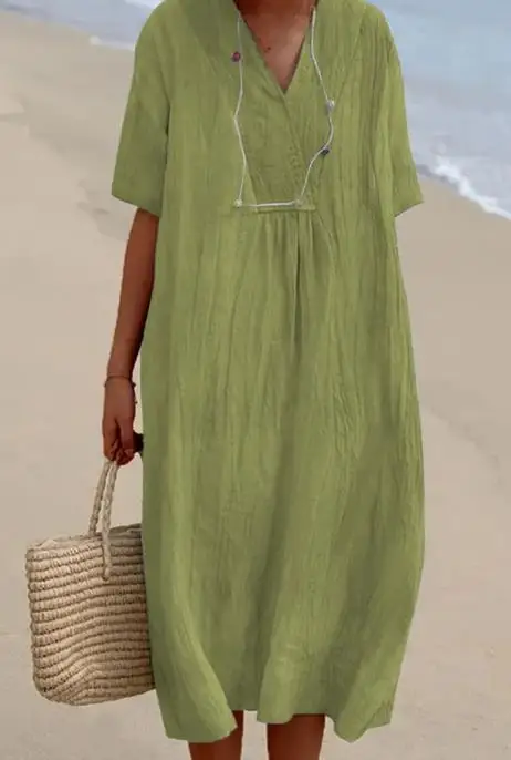 

Women's Cotton Linen Dress Fashion Summer Clothing Solid Color V-shaped Collar Short Sleeved Long Skirt Casual Y2k Dresses New