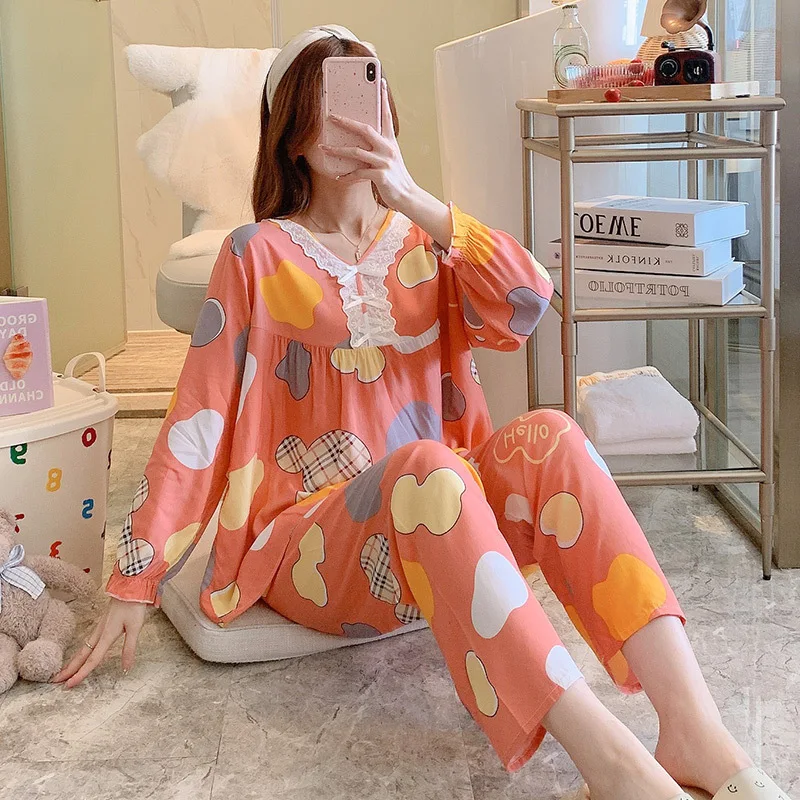 New School Student Pajamas White Lace Long Sleeve Sexy Sleepwear Women's Lounge Nightdress Pijama Set