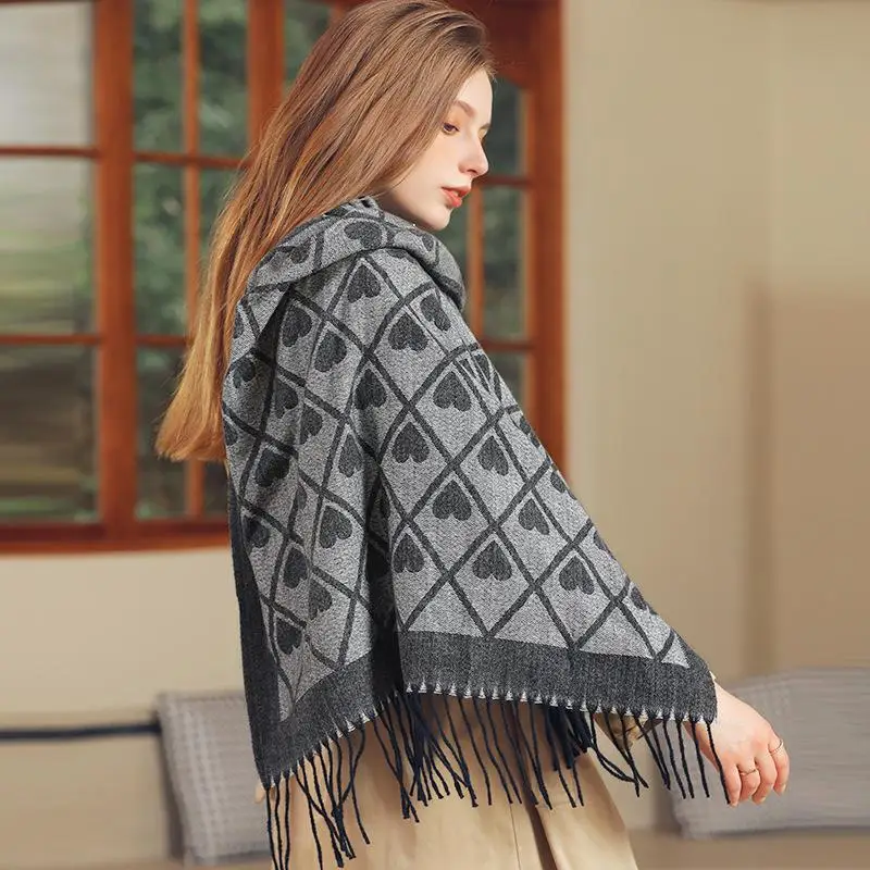 

65*180Cm Winter Imitation Cashmere Heart Plaid Jacquard Checkerboard with Fringed Scarfs for Women Coat Sweater Warm Shawl