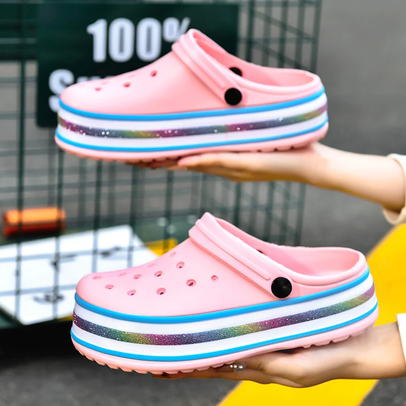 

New Women Clogs Lover's Mules Summer Croc Beach Slippers Parents Sandals Ladies Cave Hole Garden Shoe Family Rainbow Flip Flop