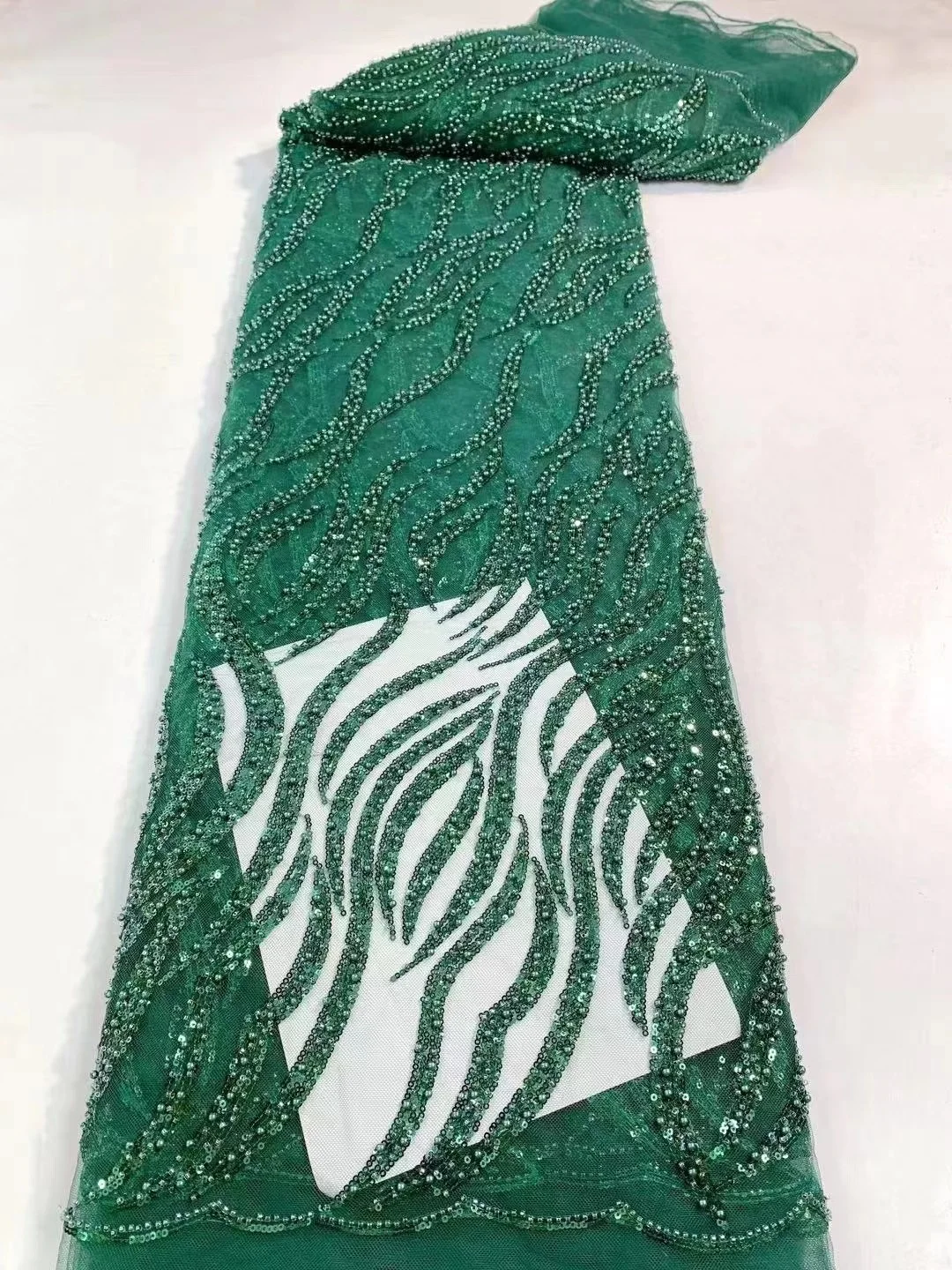 

Luxury Beads Lace Handmade Fabric French Wedding Dress Latest Nigeria Cotton Embroidery green Good Price With Sequins New