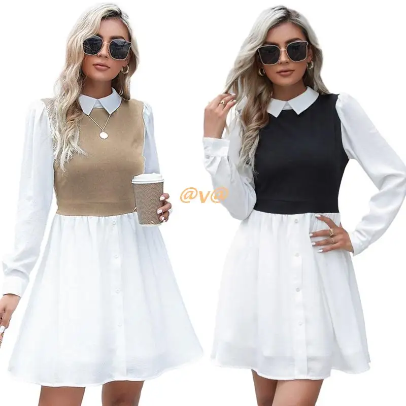 

Fashion Lapel Patchwork Dress for Women A-Line Casual Dress Stylish Button Down Dress Long Sleeves Dress Vacation Dress