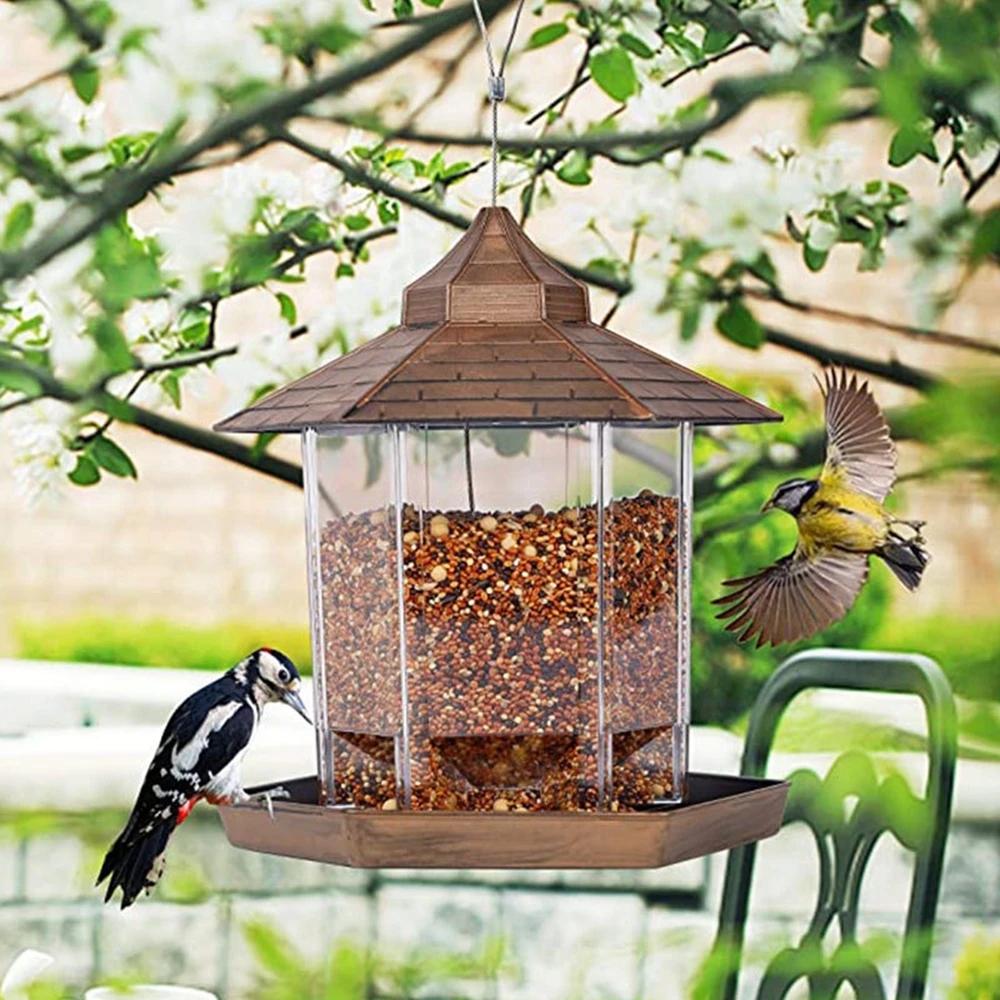 Outdoors Hexagon Shaped With Roof Hanging Bird Feeders For G