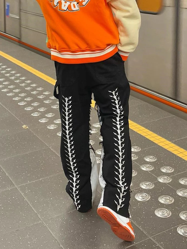 Men's Pants Punk Fashion Printed Loose Pantalones Hombre Patchwork Trousers Mid Waist Black Spliced Strap Straight Baggy Jeans