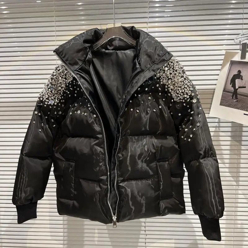 Black Cotton-Padded Coat 2021 Winter New Shoulder Particles Rhinestone Beaded Design Bread Coat Loose Warm Parkas for Women