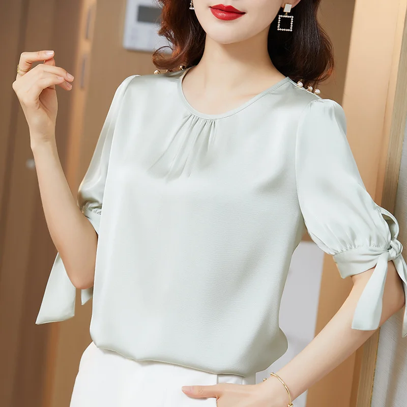 Mulberry silk short sleeved female o-neck blouse 2022 Summer new solid loose and thin half sleeve blouse women K83