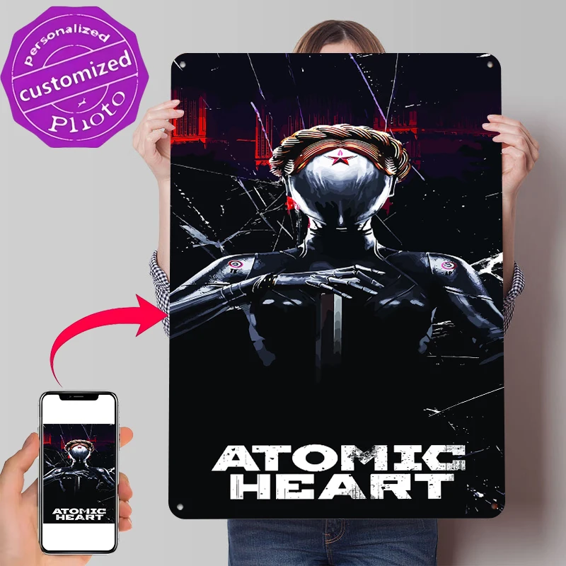 Фото Металлическая винтажная табличка с принтом робота из Atomic Heart, настенный декор для комнаты, мужской комнаты, домашнего интерьера №1