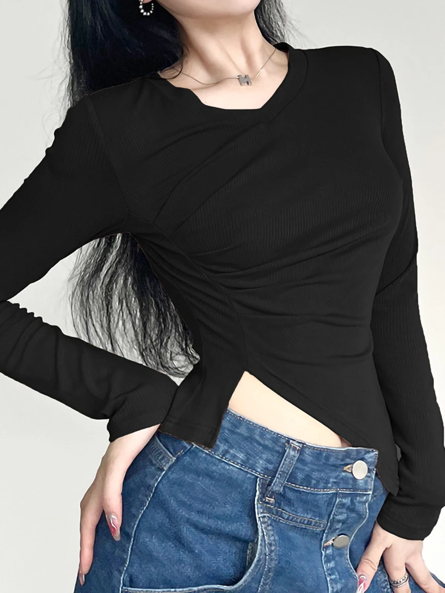 

Женская футболка в рубчик, с длинным рукавом и асимметричным разрезом