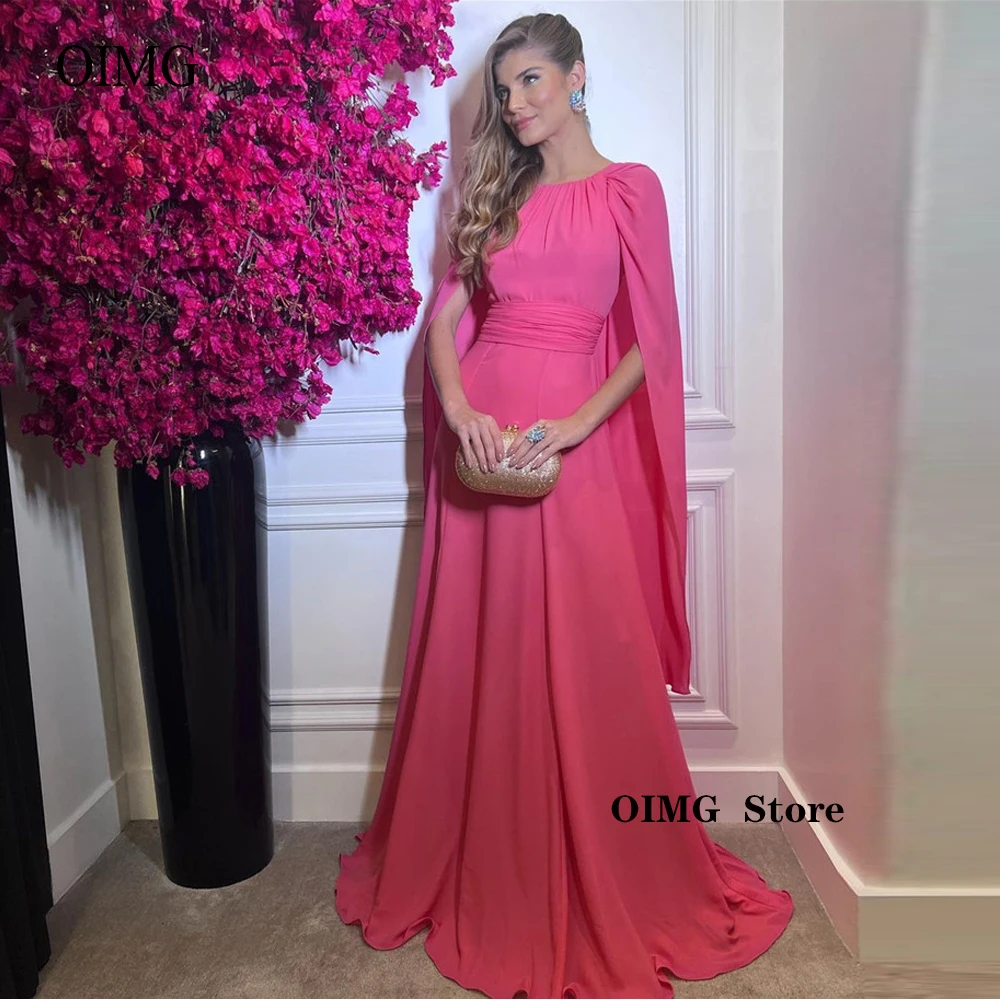 

Simple Hot Pink A Line Chiffon Formal Evening Dresses Jewel Neck Cape Long Sleeves Arabic Women Prom Gowns Party Dress