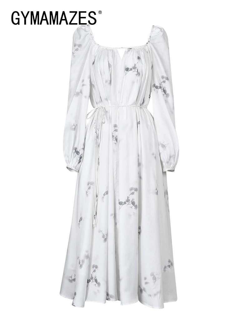 

GYMAMAZES Hit Color Vintage Print Dresses For Women Square Collar Long Sleeve High Waist Tunic Dress Female Fashion Clothing New