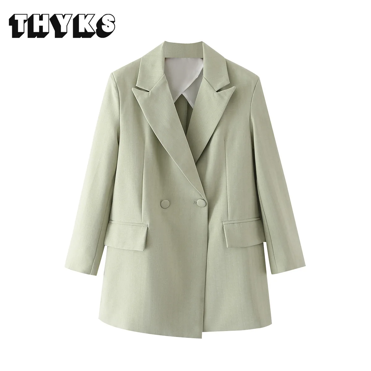 

Ladies Light Green Blazer Double Breasted Vintage Notched Collar Pocket Long Sleeve Ladies Coat Casual Chic Top Blazer Femenino