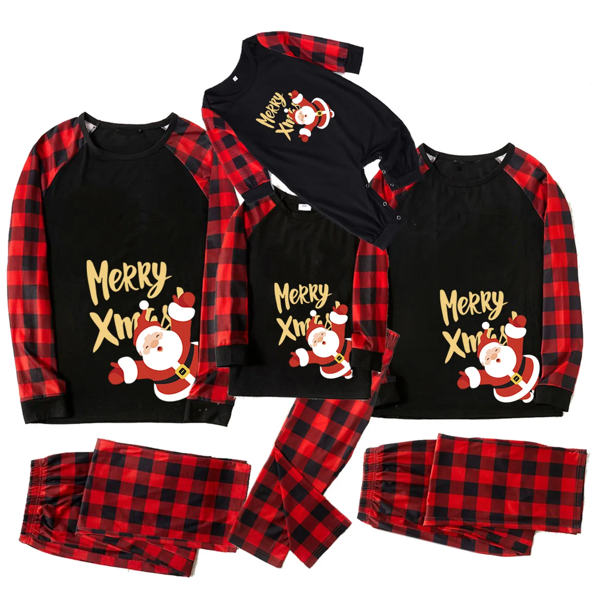 

Quality New Cute Santa Print Pajamas for Family Christmas Pajamas Set Red Plaid Patchwork Homewear Mommy and Me New Year Outfits