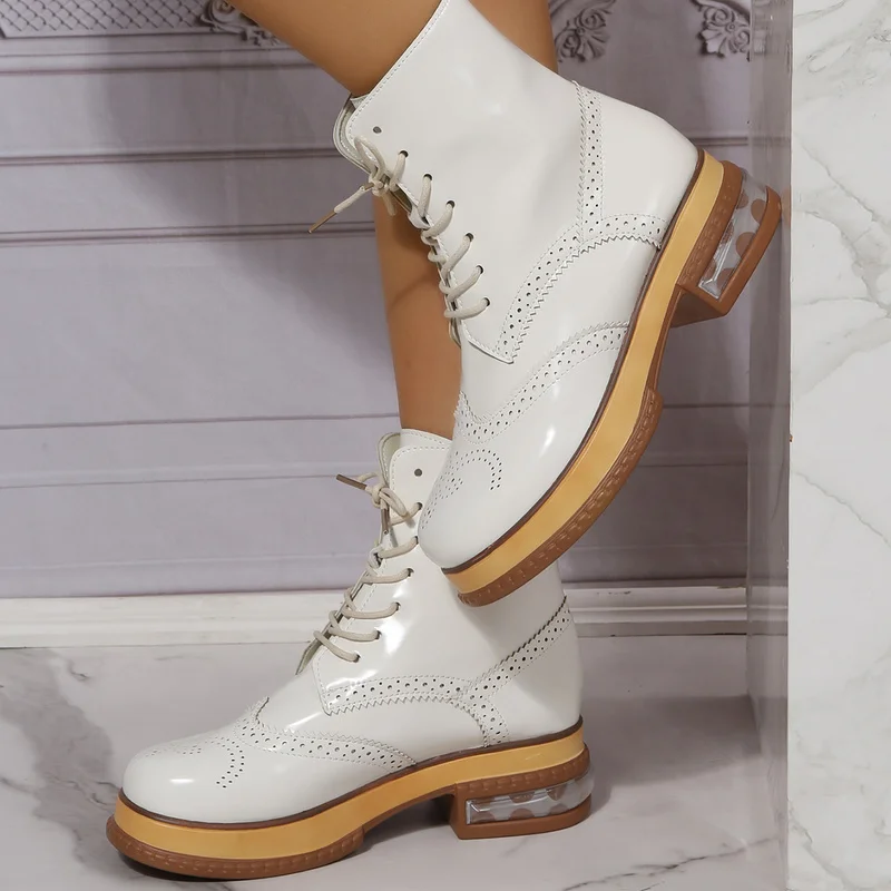 

Новые повседневные женские ботильоны на шнуровке на осень-зиму кожаные модные уличные короткие ботинки на платформе и толстом каблуке для отдыха