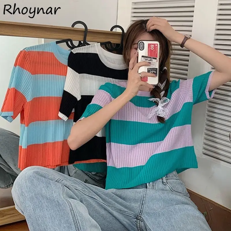 

T-shirts Women Summer Preppy Style Baggy Striped Knitted All-match Crop Top Fashion Streetwear Tops O-neck Classic Breathable