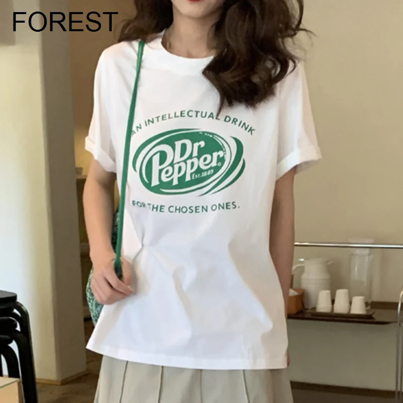 

Korean Fashion Alphabe T Shirt For Women Printing T-shirt Casual Round Neck Loose Short Sleeve Tees Women's Streetwear Top