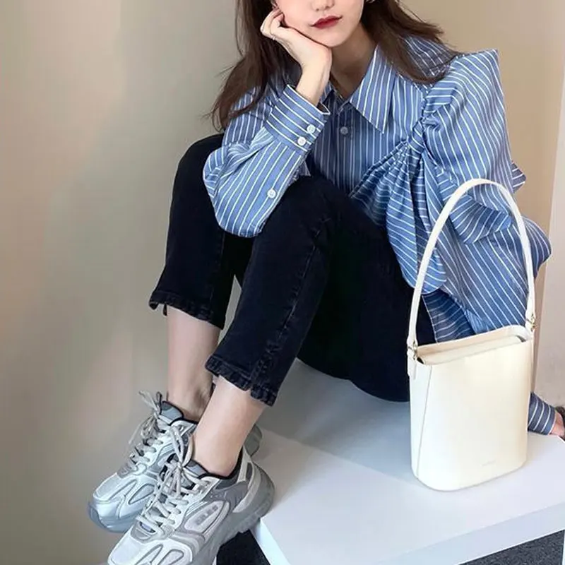 Женская однобортная рубашка в полоску свободная блузка с большим бантом и