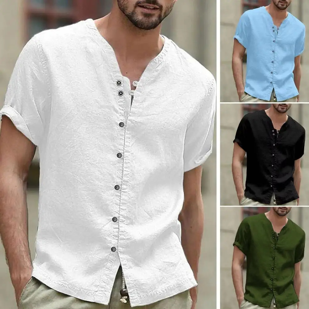 

Рубашка мужская с ложным воротником, Повседневная блуза из хлопка и льна, однотонная Свободная блуза с V-образным вырезом и коротким рукавом, в ретро стиле, лето