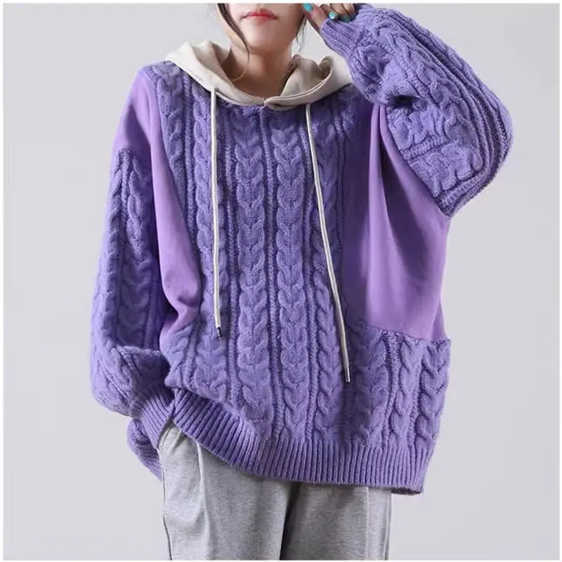 

Hoodies Large Size Women's Clothing 2022 Autumn Loose Design Stitching Sweater Hooded Sweatshirt Trend Pullover Jacket Tops T369