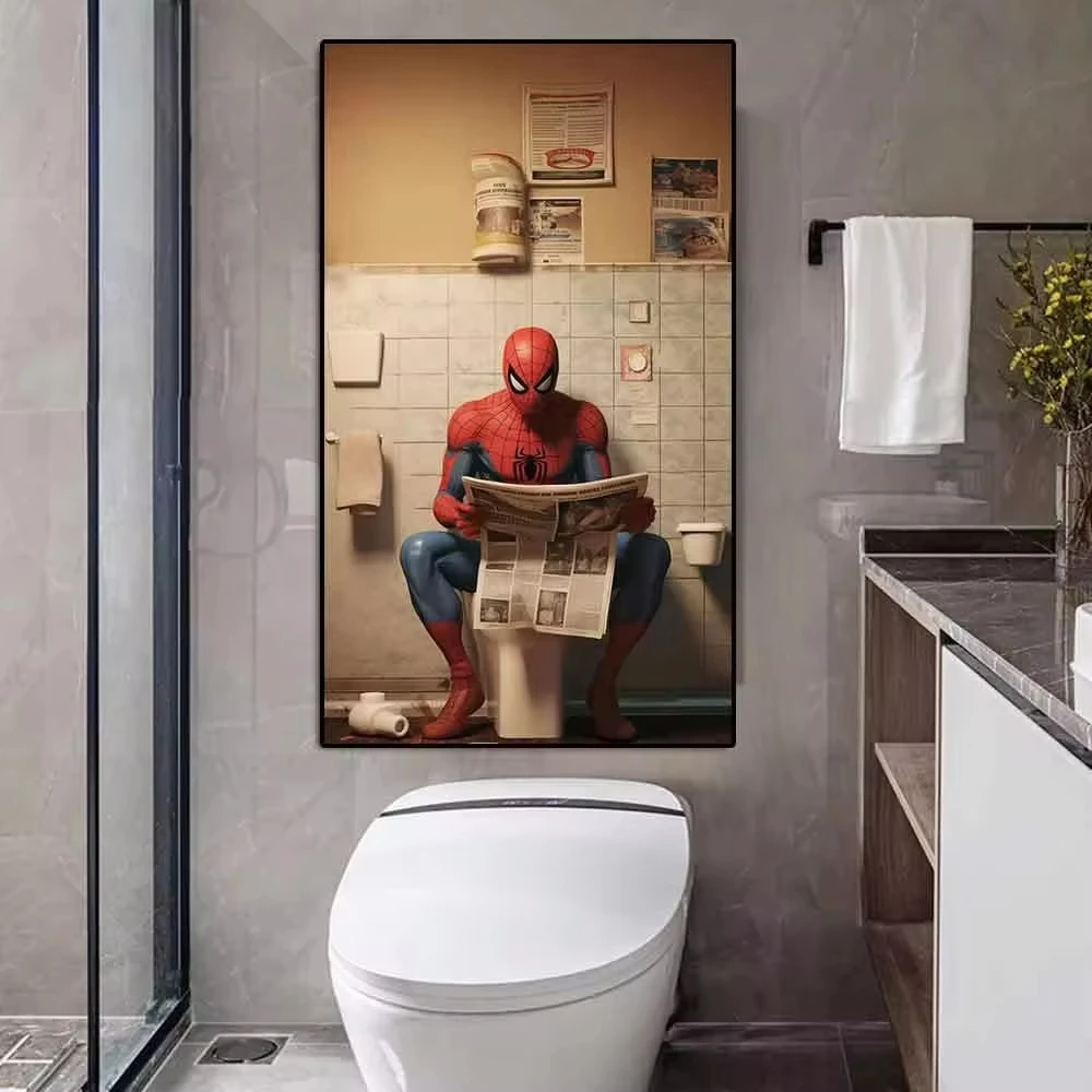 Фото Постер с забавными супергероями Marvel для туалета: Человек-паук, читает газету, мультяшный комикс, настенное искусство, холст, декор для комнаты №4