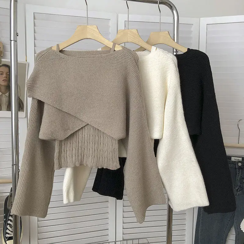 

WDMSNA Autumn Winter Irregular Round Neck Short Pullover Long Sleeve Knitted Sweater Women and Twist Texture Slim Sling Women