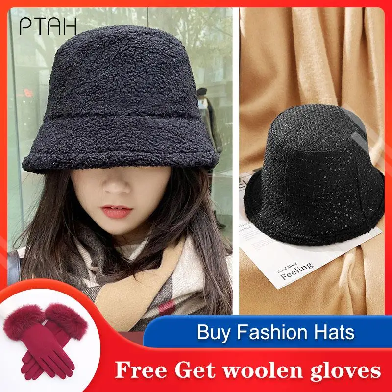 

[PTAH] Bucket Hats 2021 Autumn Winter Warm Knitted Vintage Hats For Women Versatile Cap Felt Hat Foldable Wearable On Both Sides