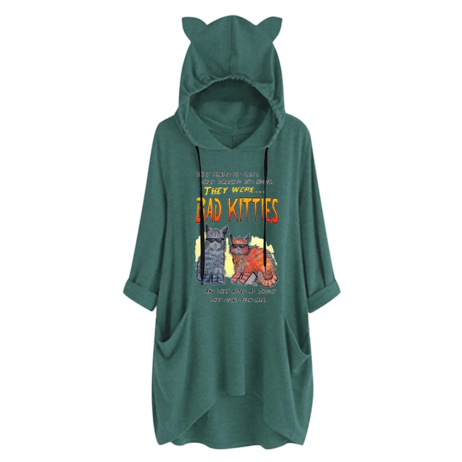 

Женская Длинная толстовка на молнии, свитшот большого размера с милым принтом и кулиской, с капюшоном и карманами, с кошачьими ушками, больш...