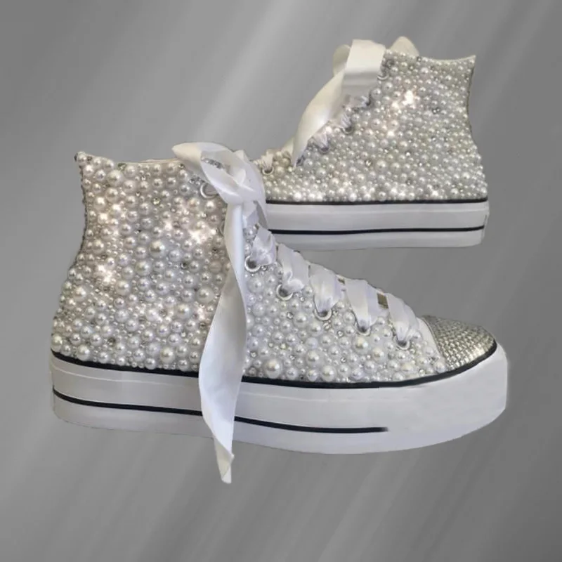 

Thick-soled white high-top stitching pearl ribbon canvas shoes comfortable sports handmade rhinestones Vulcanized shoes 35-46