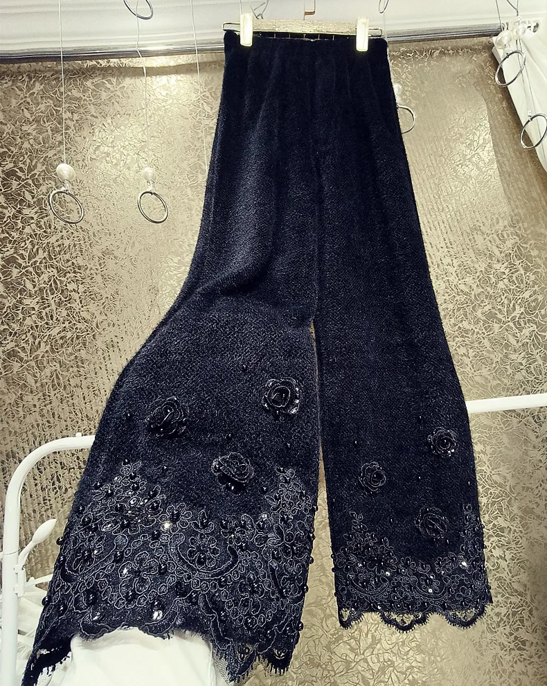 Heavy Industry Sequin Beading Flower Knitted Warm Trousers Women Lace Stitching Wide Leg Pants
