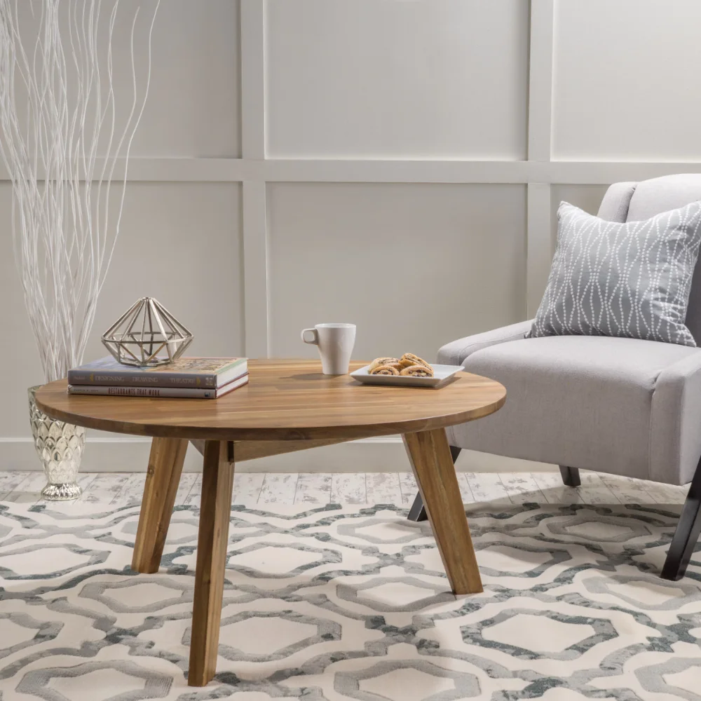 

Modern Acacia Wood Round Coffee Table, Natural, Furniture, Living Room Furniture, Simple and Modern Coffee Table, Wooden