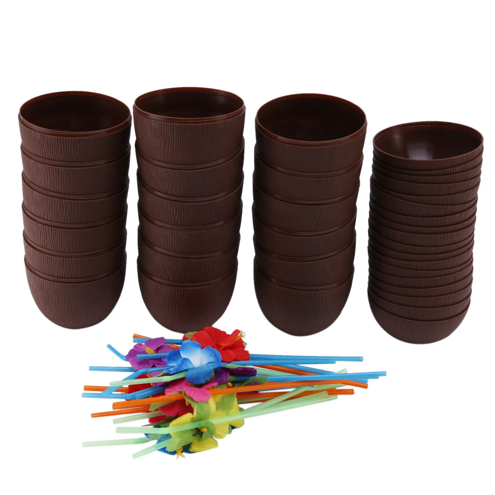 

18 Pack Coconut Cups for Hawaiian Luau Kids Party with Hibiscus Flower Straws - Tiki and Beach Theme Party Fun Drink or Decor