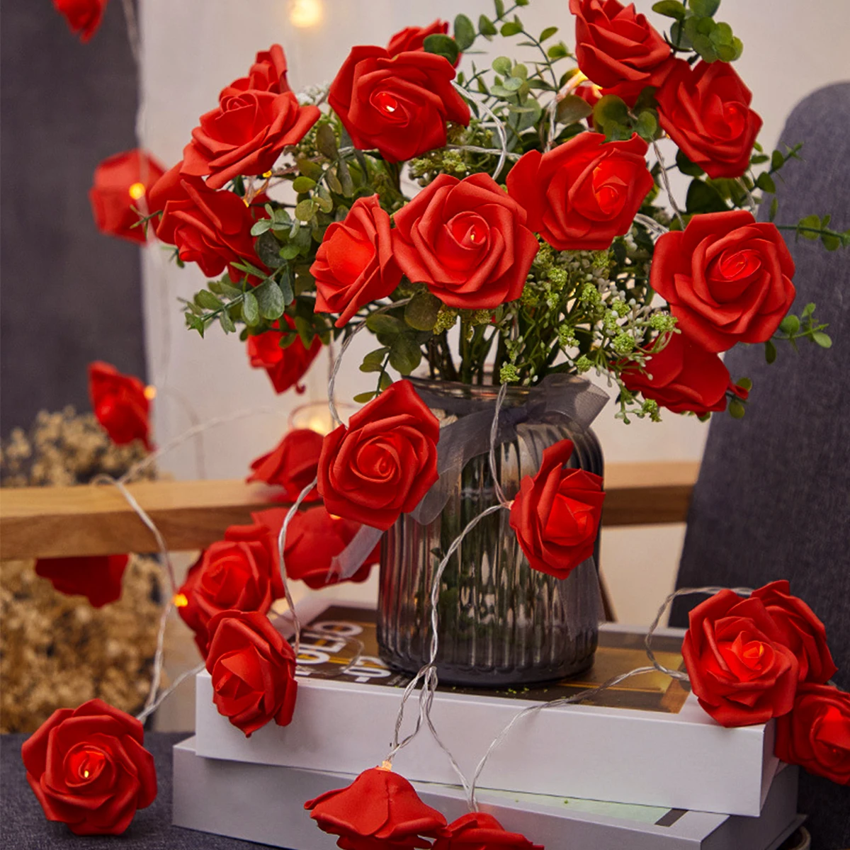 Светодиодная гирлянда с искусственными цветами розы Сказочная Рождественские