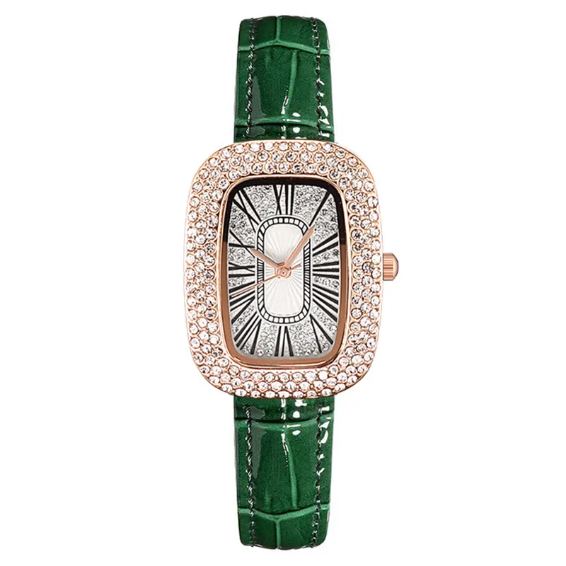 Luxury Fashion Green Watches Women Qualities Diamond Studded Quartz Watch Ladies Leather Wristwatch Elegant Montre Femme Clock