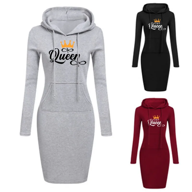 

Autumn Women Hooded Dresses Hoodies For Women Queen Letters Print Sweatshirts Kawaii Women Hoodies Dress Tops Ladies Clothing