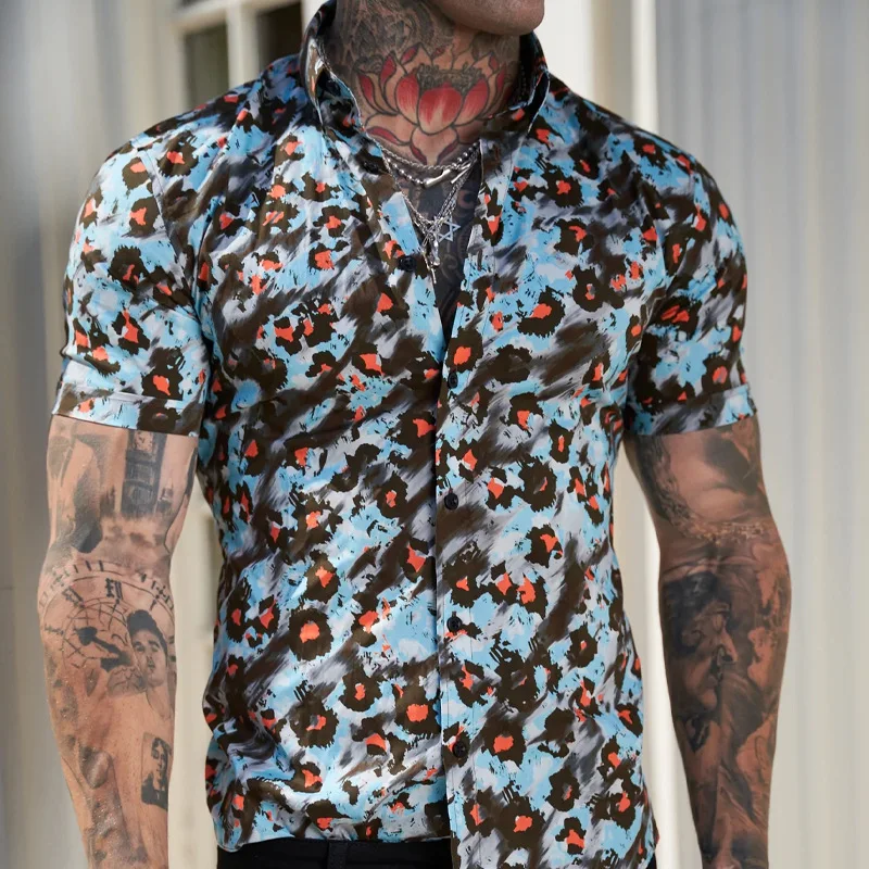 hot selling new trendy brand mens business cardigan mens leopard print loose lapel summer short sleeved casual shirt free global shipping