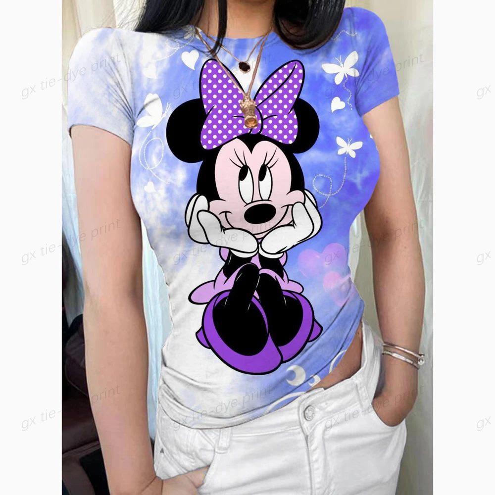 

Thin Summer Top Sexy T Shirt Women 2023 Elasticity T-Shirt Korean Style Woman Clothes Slim Tshirt Disney Minnie Mickey Print Tee
