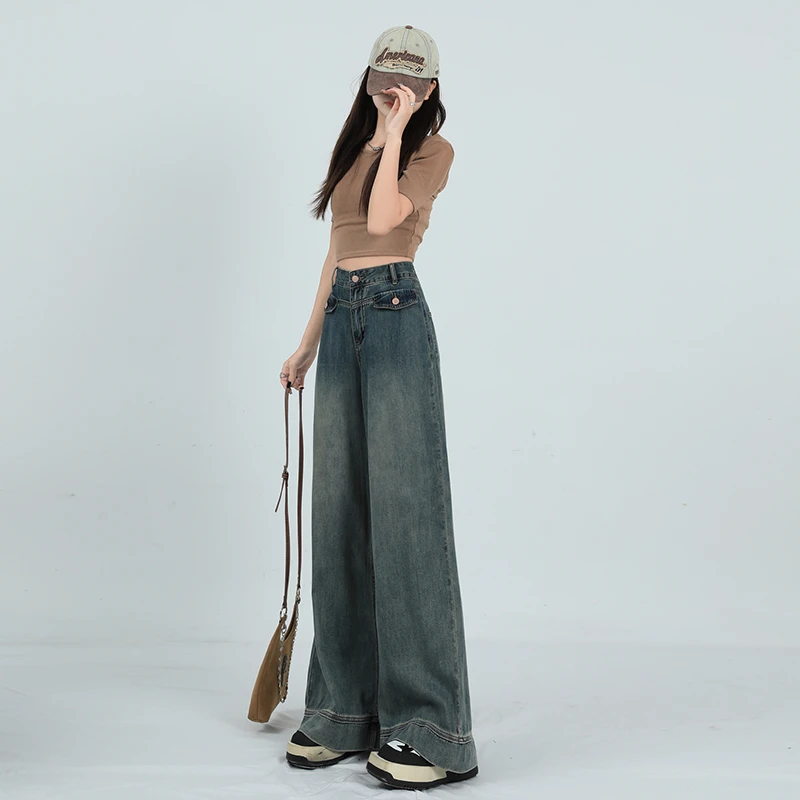 Wide Leg Jeans for Women 2023 Vintage Blue Spring Summer High Street New Loose and Slim Drop Feel Straight Tube High Waist Thin