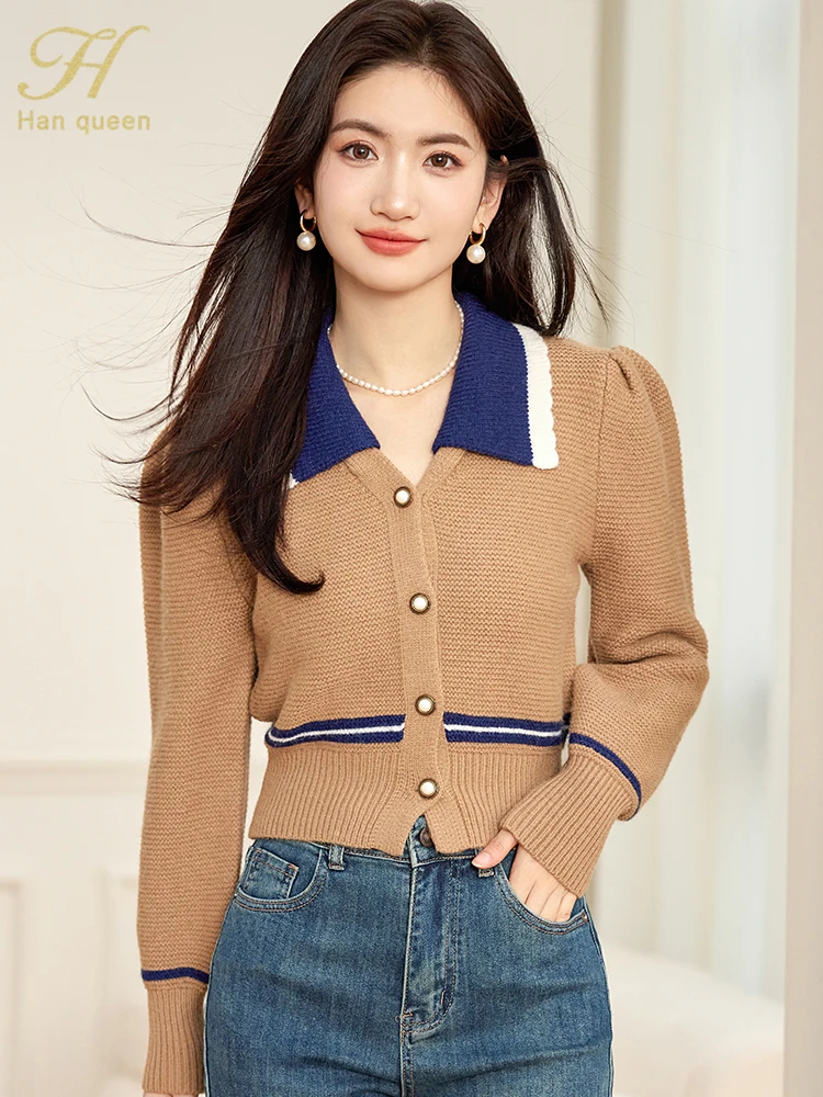 

H Han Queen Winter Vintage Color Clash Lantern Sleeve Crop Knit Sweater Cardigan Women Tops Simple Korean Loose Casual Knitwears