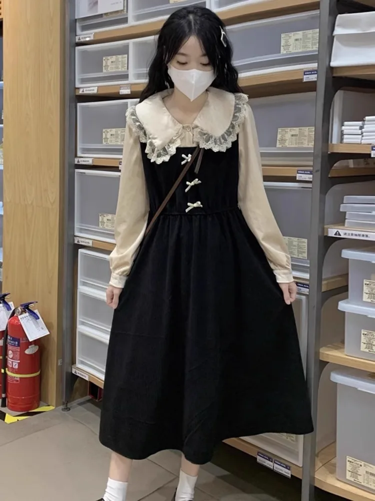 Имитация двух частей платья для женщин воротник Питер Пэн пэчворк дизайн длинное