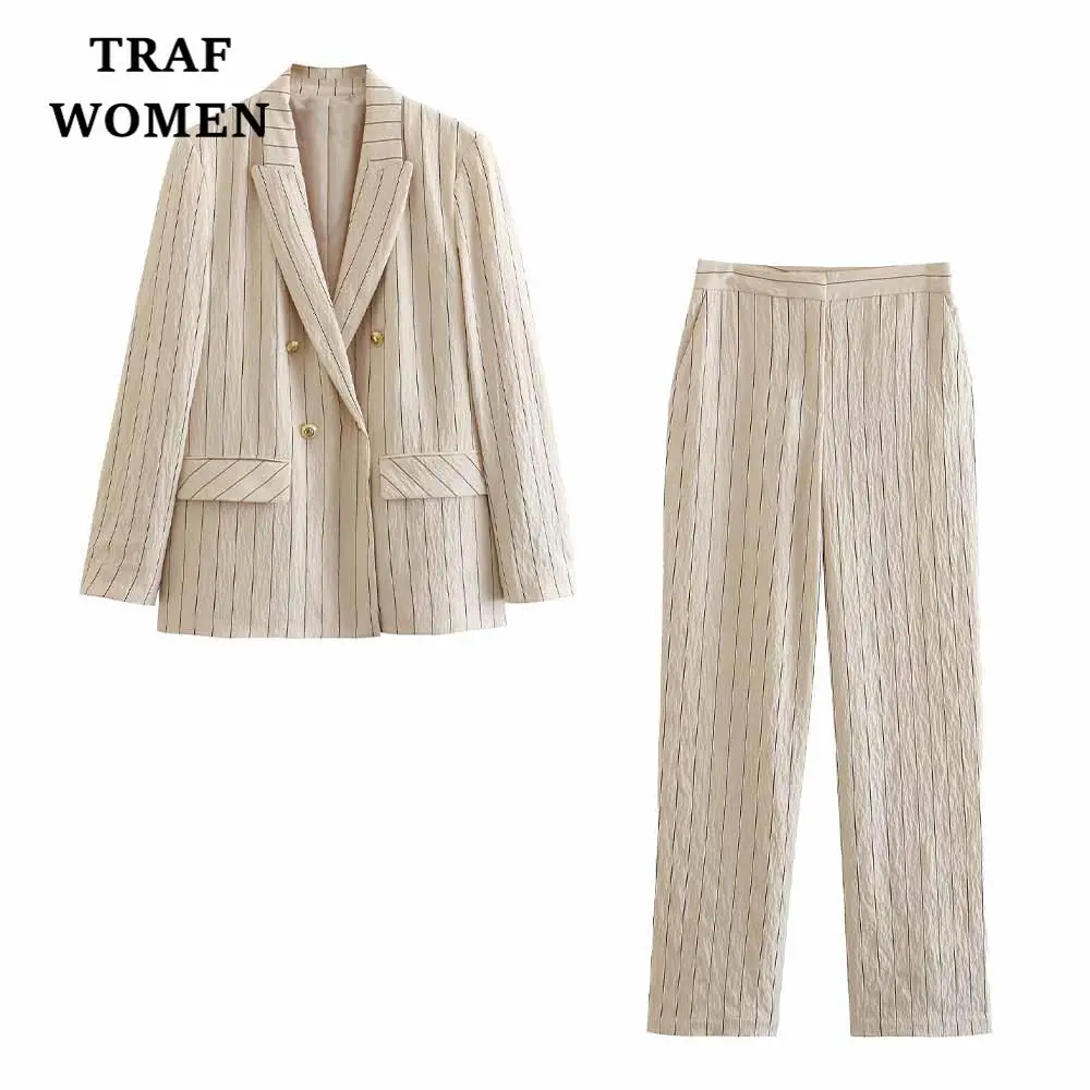 

TRAF WOMEN 2023 Stylish New Double-breasted Pinstripe Office Suit Jacket 5247122 + Female Design High Waist Trousers Set 5247022