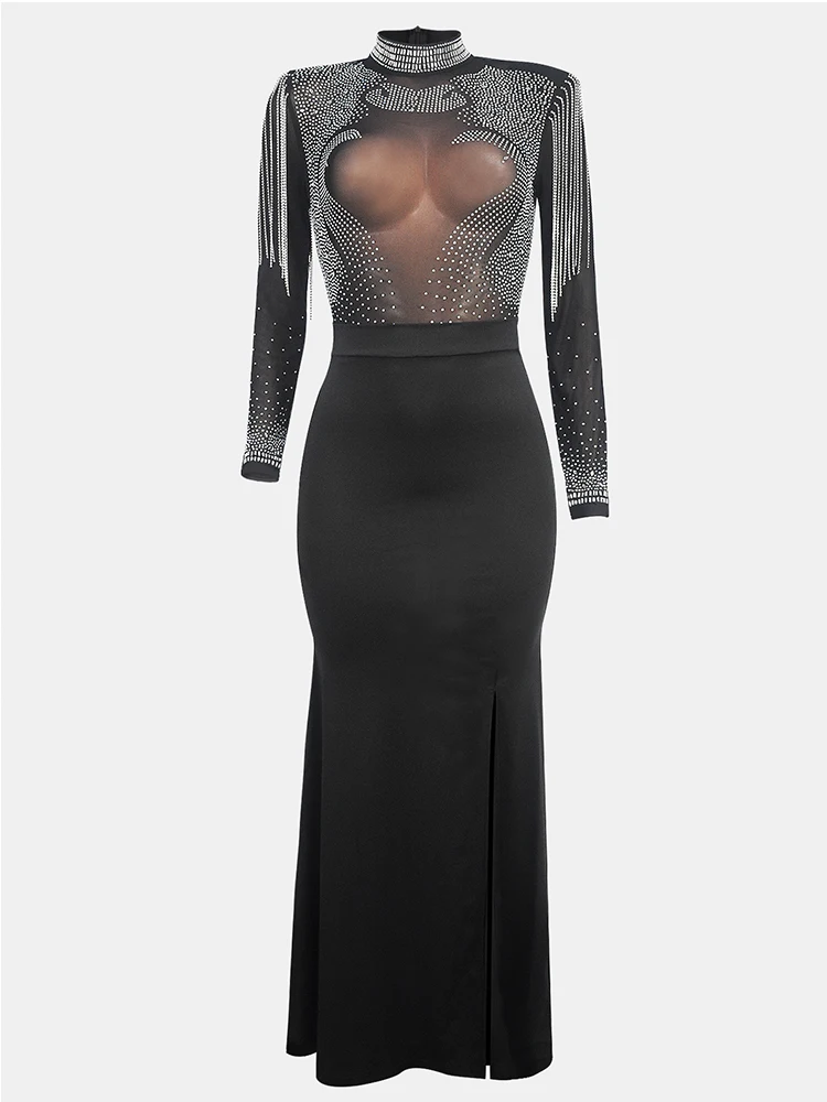 Женское сценическое банкетное платье однотонное с высоким воротником горячее