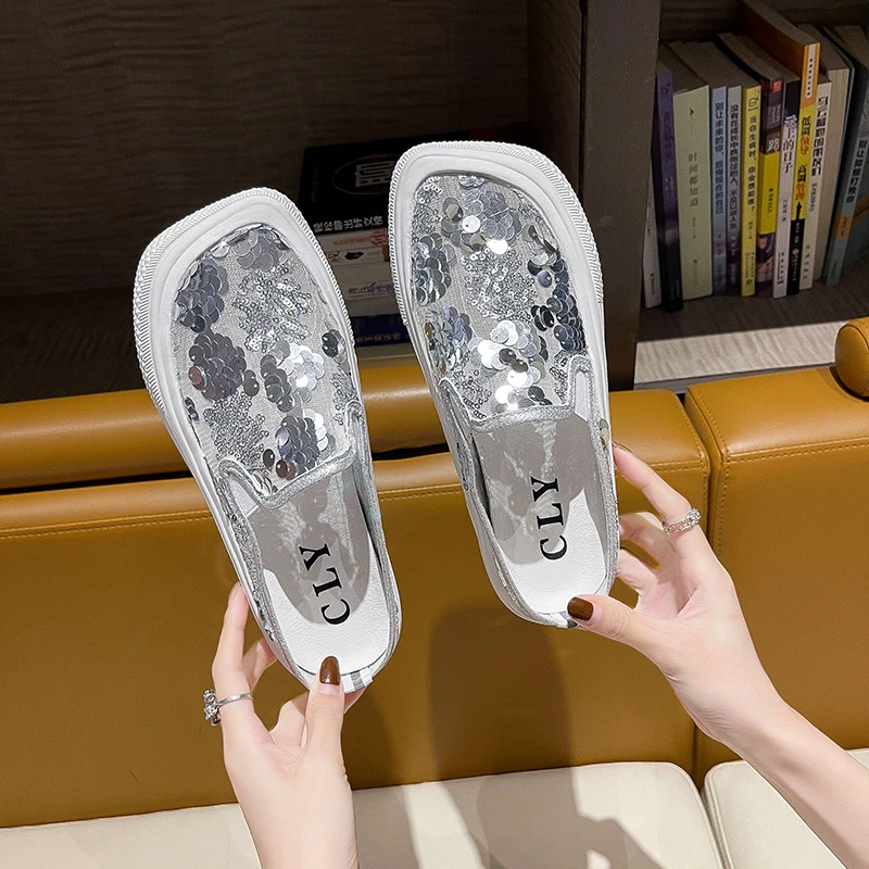 Tennis Bling Mesh Square Gold Silver Black Casual Shoes Luxury Women's Rubber Slippers Sandals Summer 2023 Comfortable Shoe